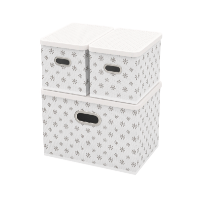 Úložný box s víkem sada 3 ks - bílá kytičky