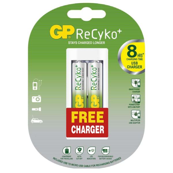 GP Batteries Nabíječka baterií + 2 ks GP NiMH ReCyko+ AA, 2 000 mAh + USB adaptér do auta, RE3125