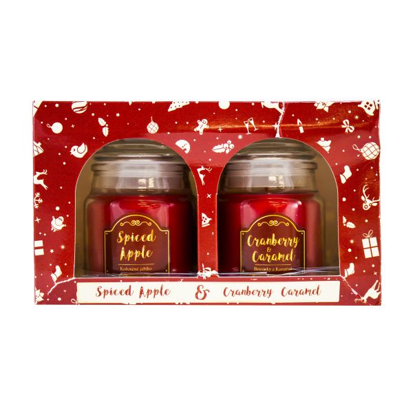 Arôme Vánoční vonná svíčka Spiced Apple + Cranberry & Caramel, 2 x 85 g